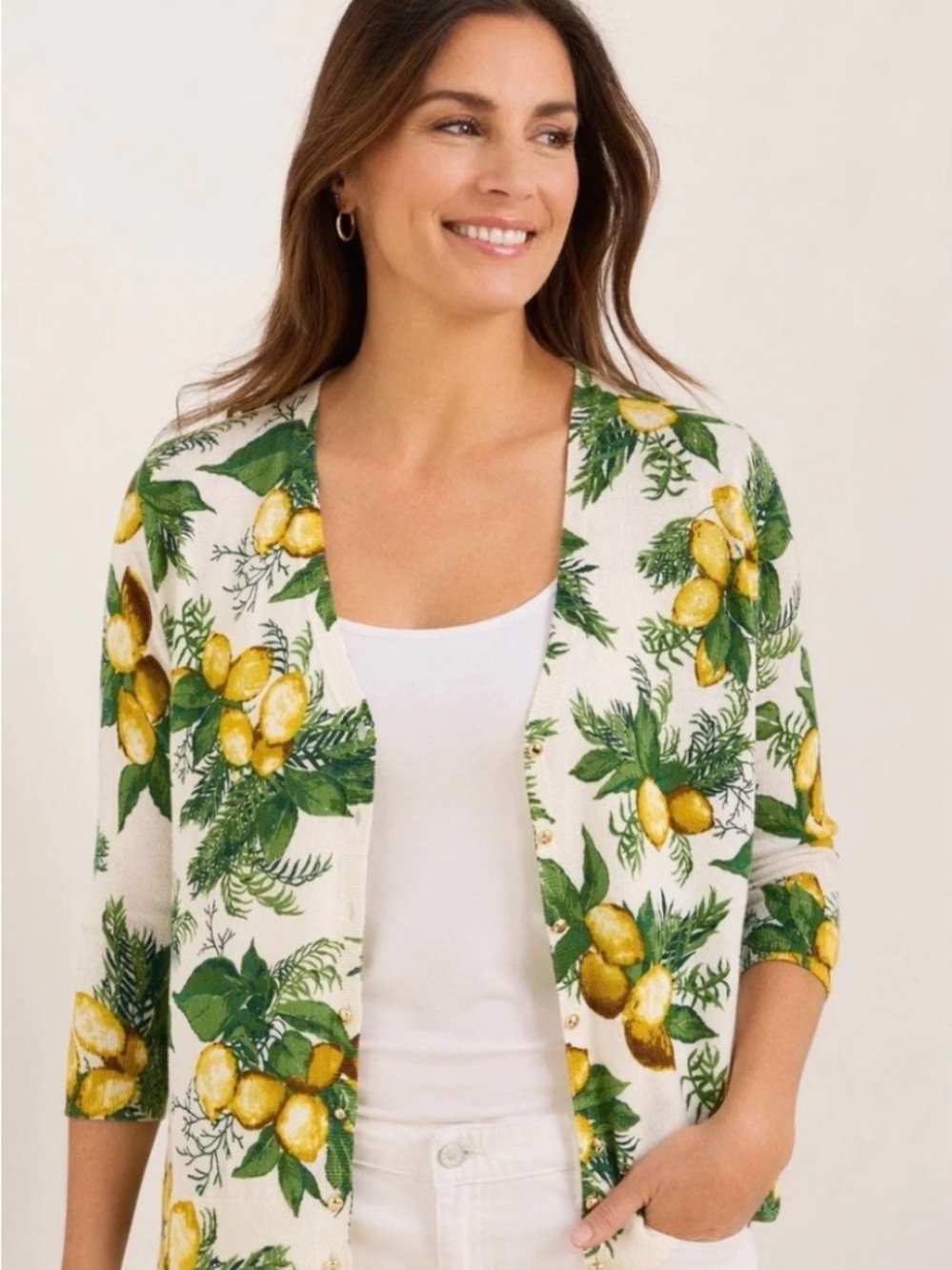 Talbots Cream Sweater with Yellow Lemon Print